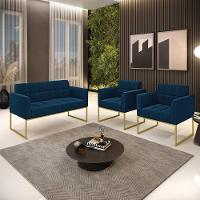 Namoradeira E 2 Poltronas Industrial Dourado Elisa Bouclê D03 - D?rossi Cor Azul - 6