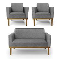 Sofá Namoradeira Com 2 Poltronas Base De Madeira Fixa Castanho Marisa Linho D03 - D?rossi Cor A26 Grafite - 1