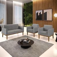 Sofá Namoradeira Com 2 Poltronas Base De Madeira Fixa Castanho Marisa Linho D03 - D?rossi Cor A26 Grafite - 7