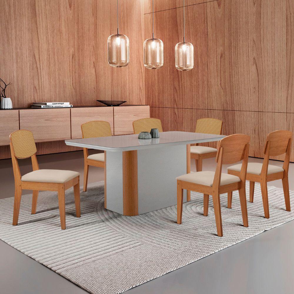Mesa De Jantar Isadora 180cm Tampo Mdf Vidro Com 6 Cadeiras Veludo Creme/off/nat/serig. Off - 1
