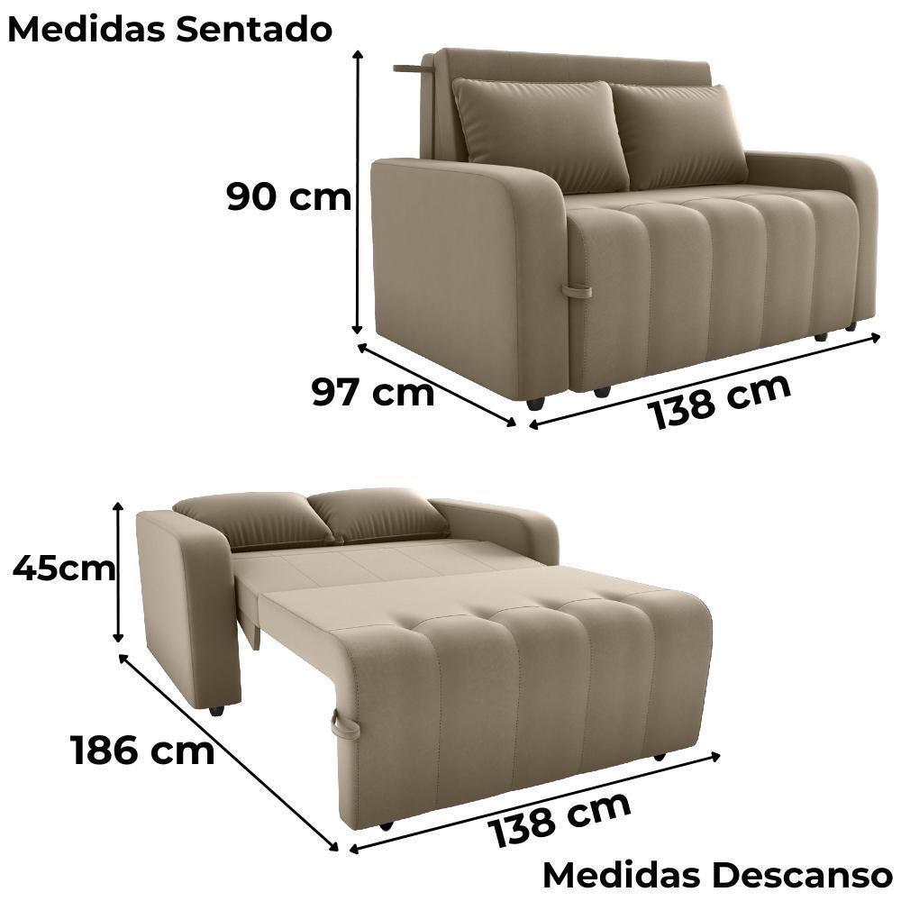 Sofa Cama 2 Lugares 138 Cm Amora Veludo Maserati Milani Store Marrom Claro - 3