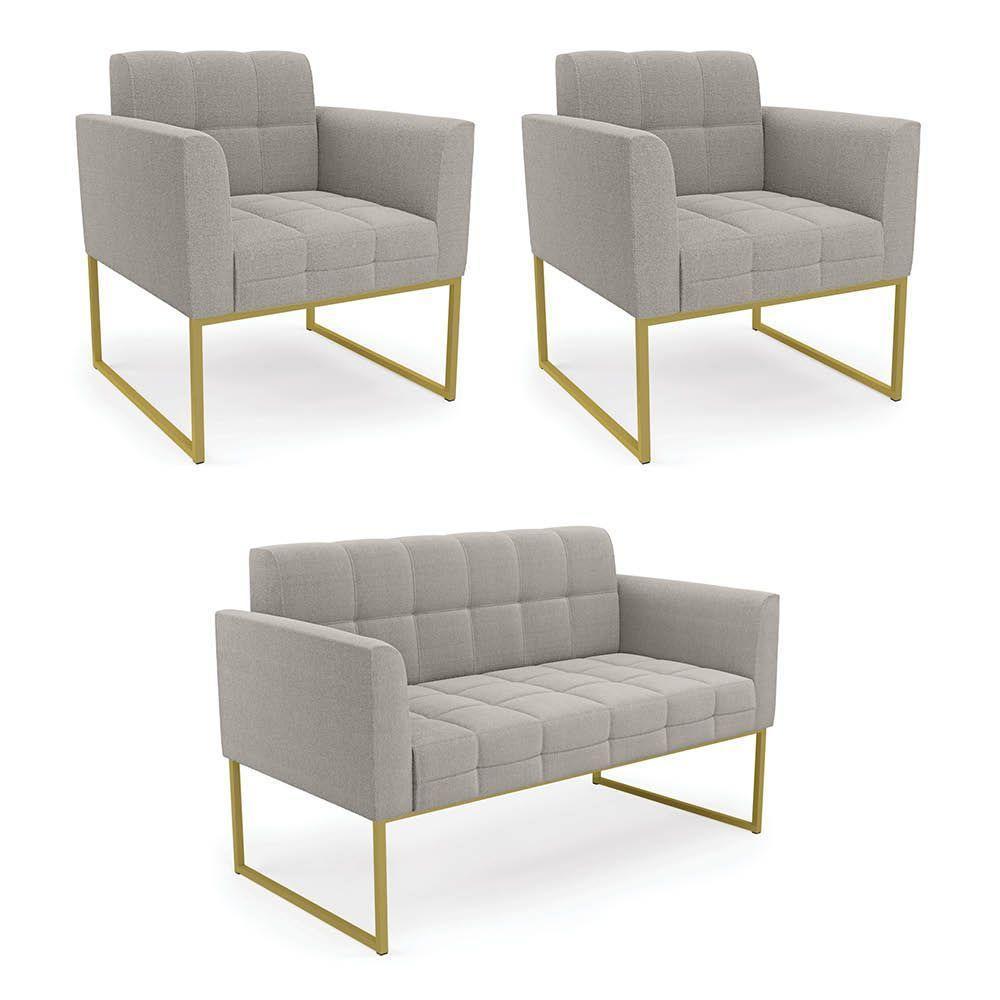 Namoradeira E 2 Poltronas Industrial Dourado Elisa Bouclê D03 - D?rossi Cor Cinza - 1