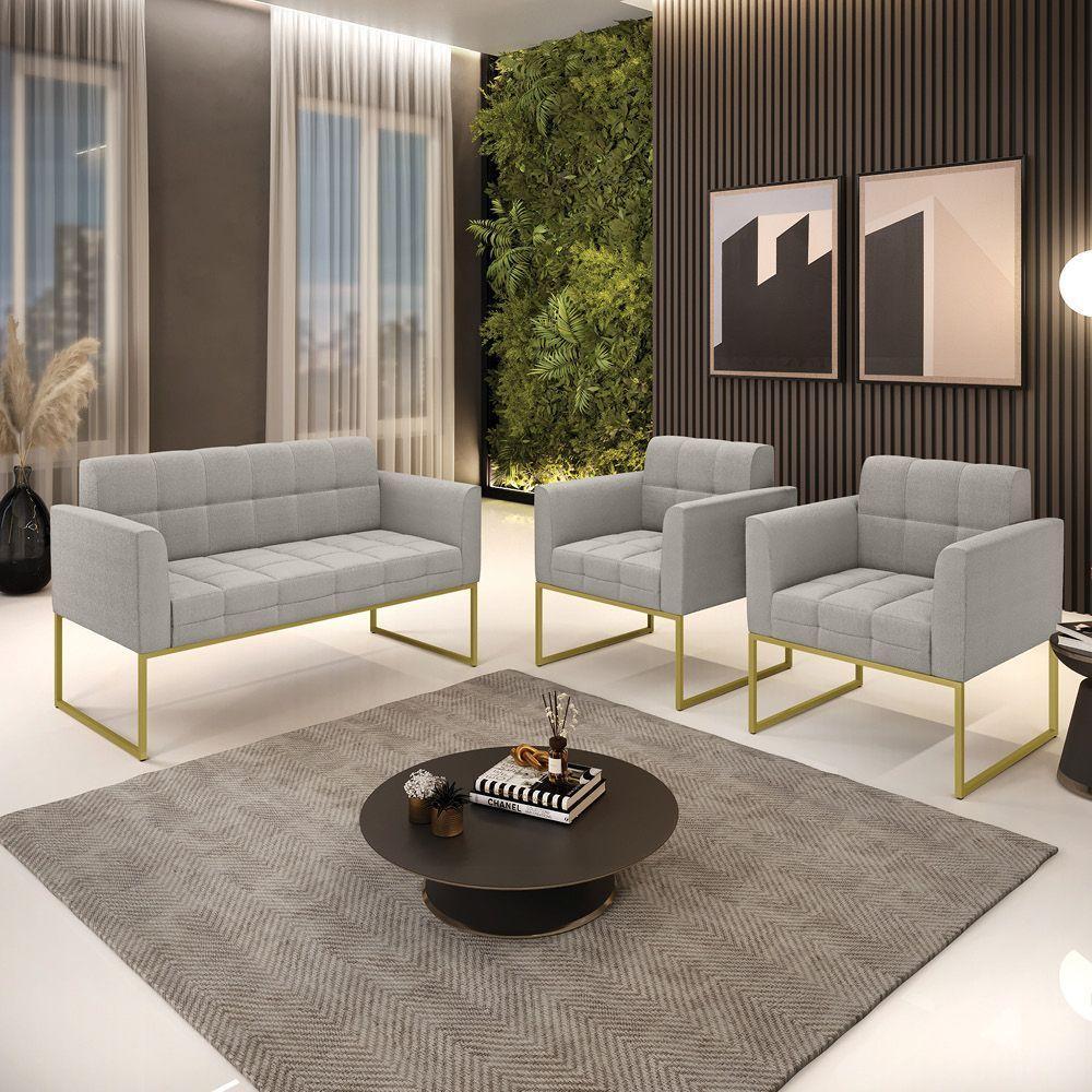 Namoradeira E 2 Poltronas Industrial Dourado Elisa Bouclê D03 - D?rossi Cor Cinza - 7