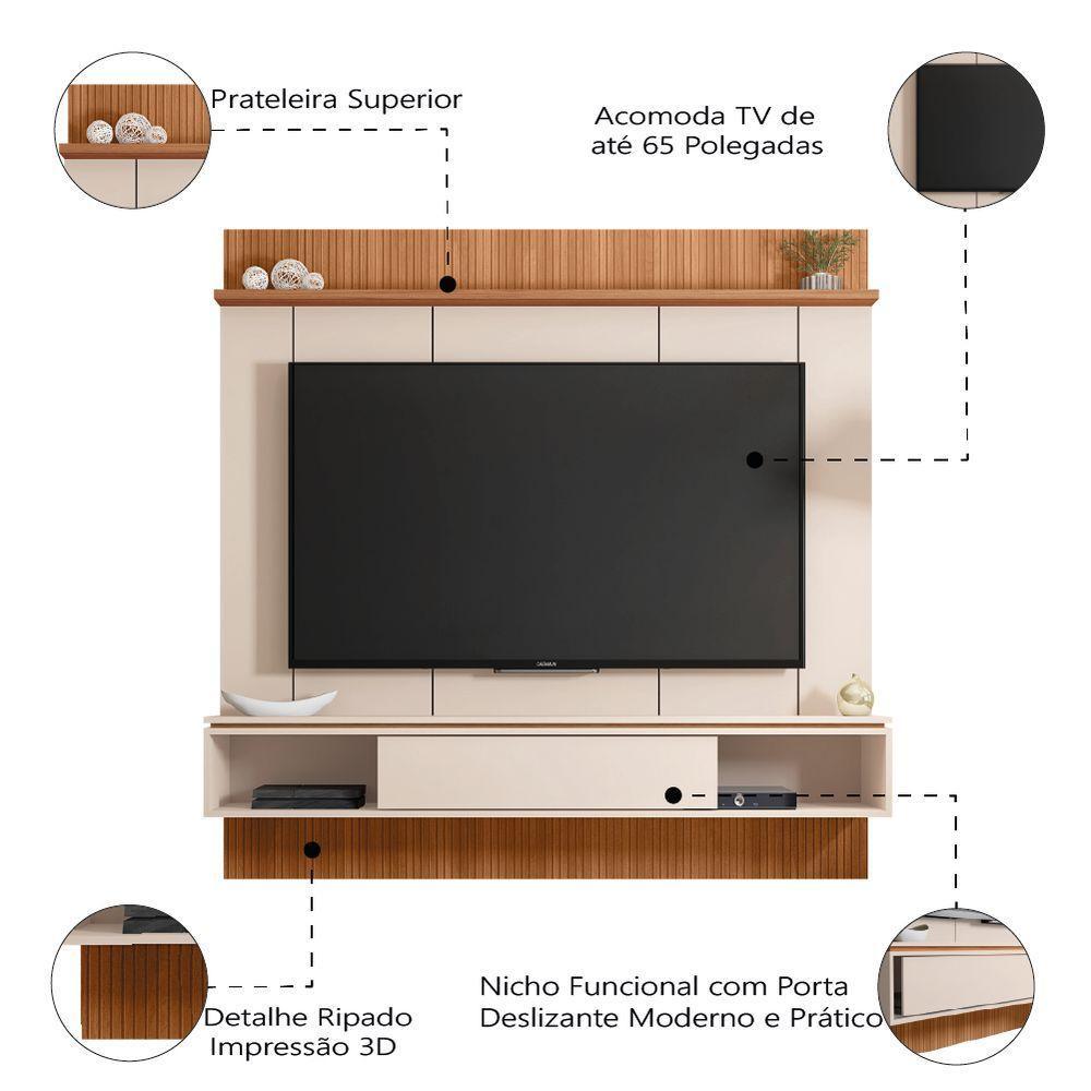 Painel Para TV Até 65 Polegadas Ripado Impressão 3D Com Nicho Viena Madeirado/Off White Caemmun - 6