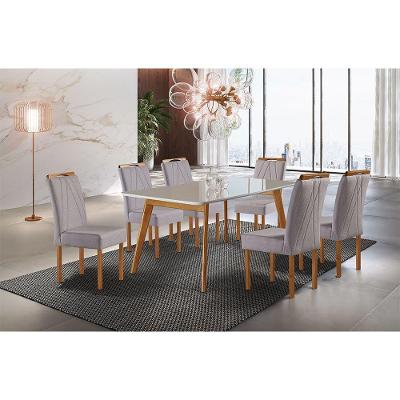 Conjunto Sala de Jantar Mesa Slim 6 Lugares Tampo MDF com Cadeiras em Linho Off White