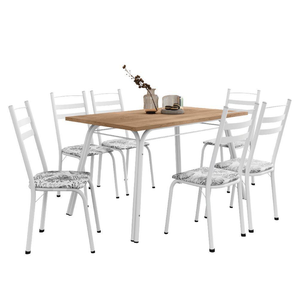 Conjunto De Mesa Sala De Jantar Com 6 Cadeiras Tubular Tampo Bp Madeirado Retangular 1,36m Branco Flor - 1