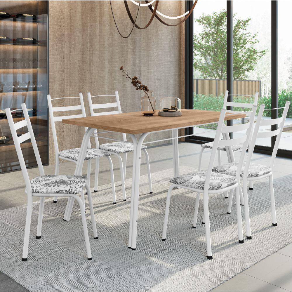 Conjunto De Mesa Sala De Jantar Com 6 Cadeiras Tubular Tampo Bp Madeirado Retangular 1,36m Branco Flor - 2