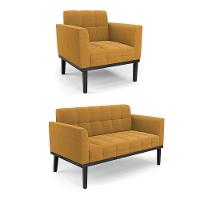 Namoradeira E Poltrona Base Madeira Fixa Pto Elisa Bouclê D03 - D?rossi Cor Mostarda - 1