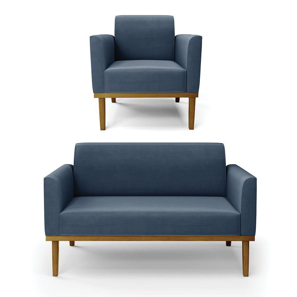 Sofá Namoradeira Com Poltrona Base De Madeira Fixa Castanho Marisa Suede D03 - D?rossi Cor Azul Marinho - 1