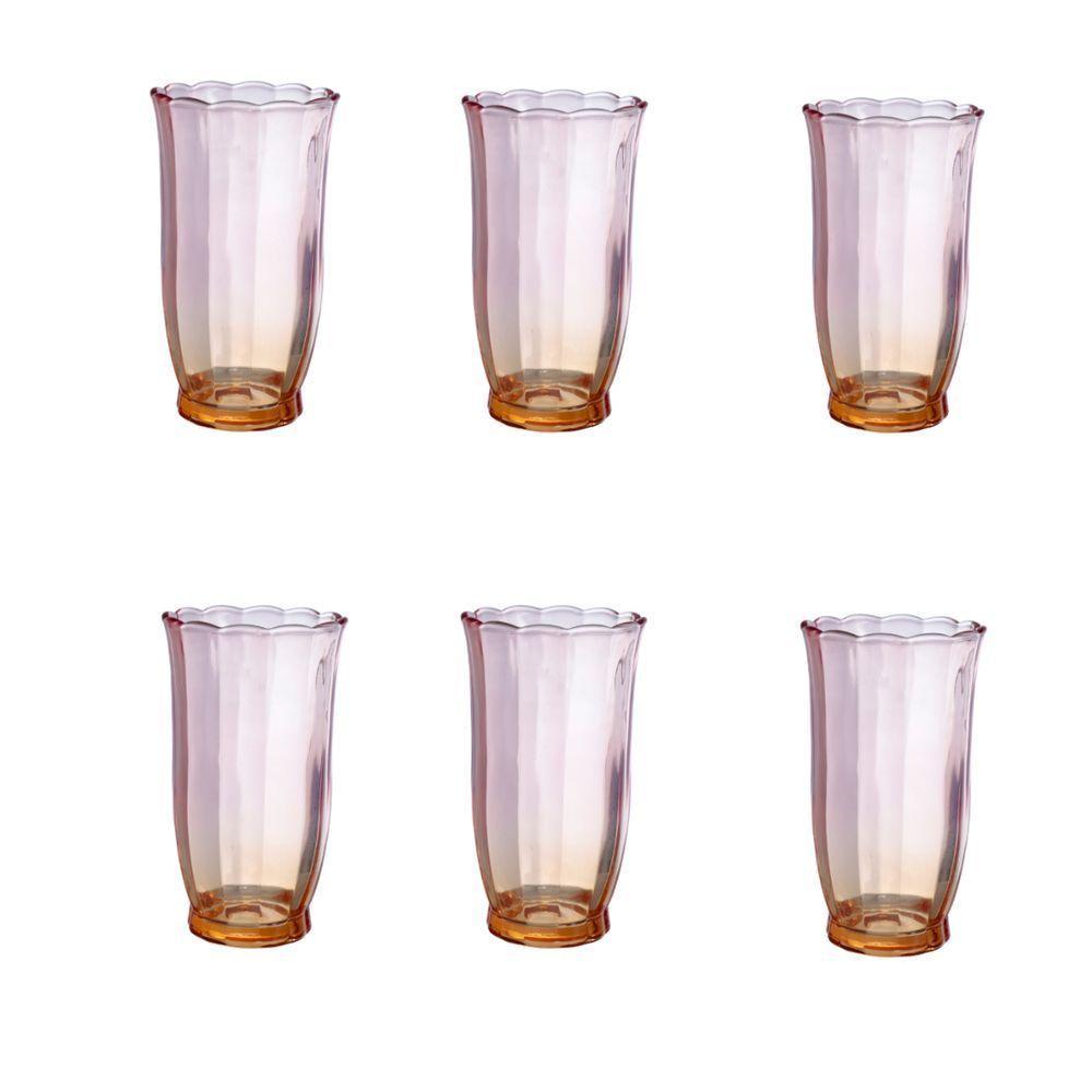 Conjunto 6 Copos Long Drink Peach Dourado C/ Rosa 350 Ml - 1