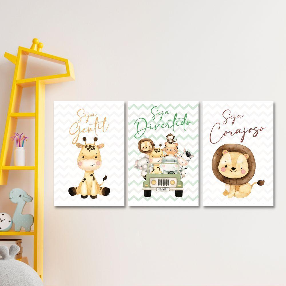 Kit 3 Quadros Safari Infantil Frases Quarto Criança Placas - 1