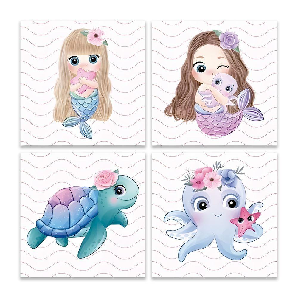 Kit 4 Quadros Sereia Infantil Quarto Menina Placas Mdf - 1