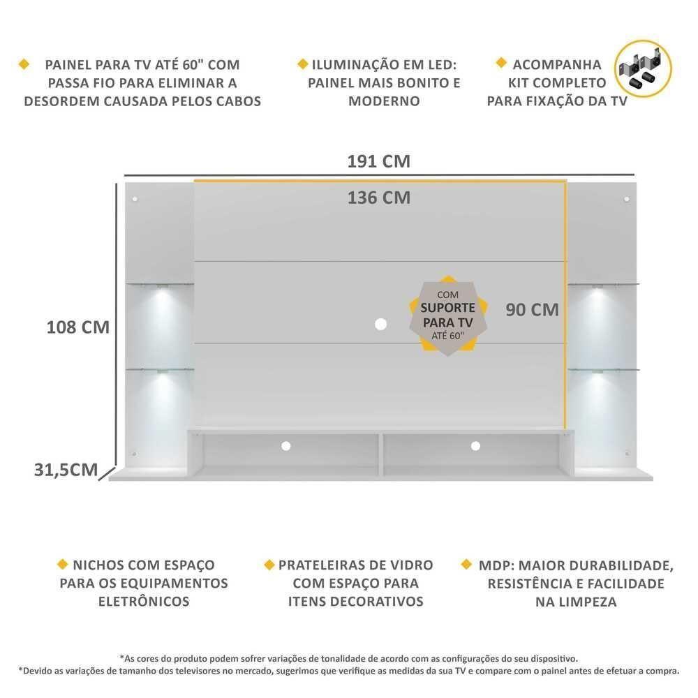 Painel Com Suporte Tv 60" E 4 Leds Vegas Multimóveis V3678 Branco Branco - 6