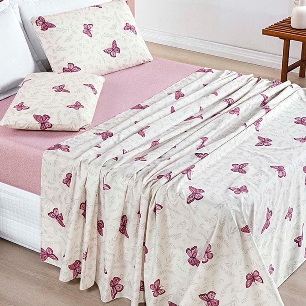 Jogo De Lençol Júlia Casal 4 Peças Micropercal 200 Fios Macio - Borboleta Rosa - 2