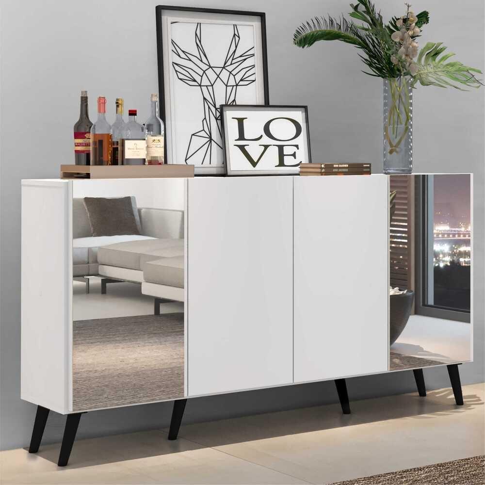 Aparador Buffet 4 Portas Com Espelho Retrô Vegas Multimóveis V3562 Branco/preto Branco/preto - 7