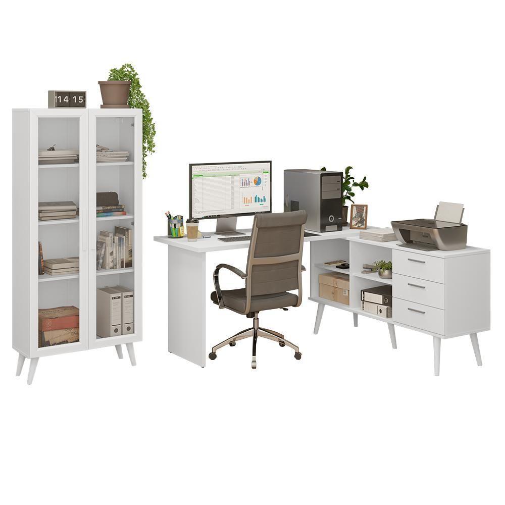 Kit 2 Peças Com Escrivaninha Em L 3 Gavetas E Armário Multiuso Com Vidro Madesa Branco - 2