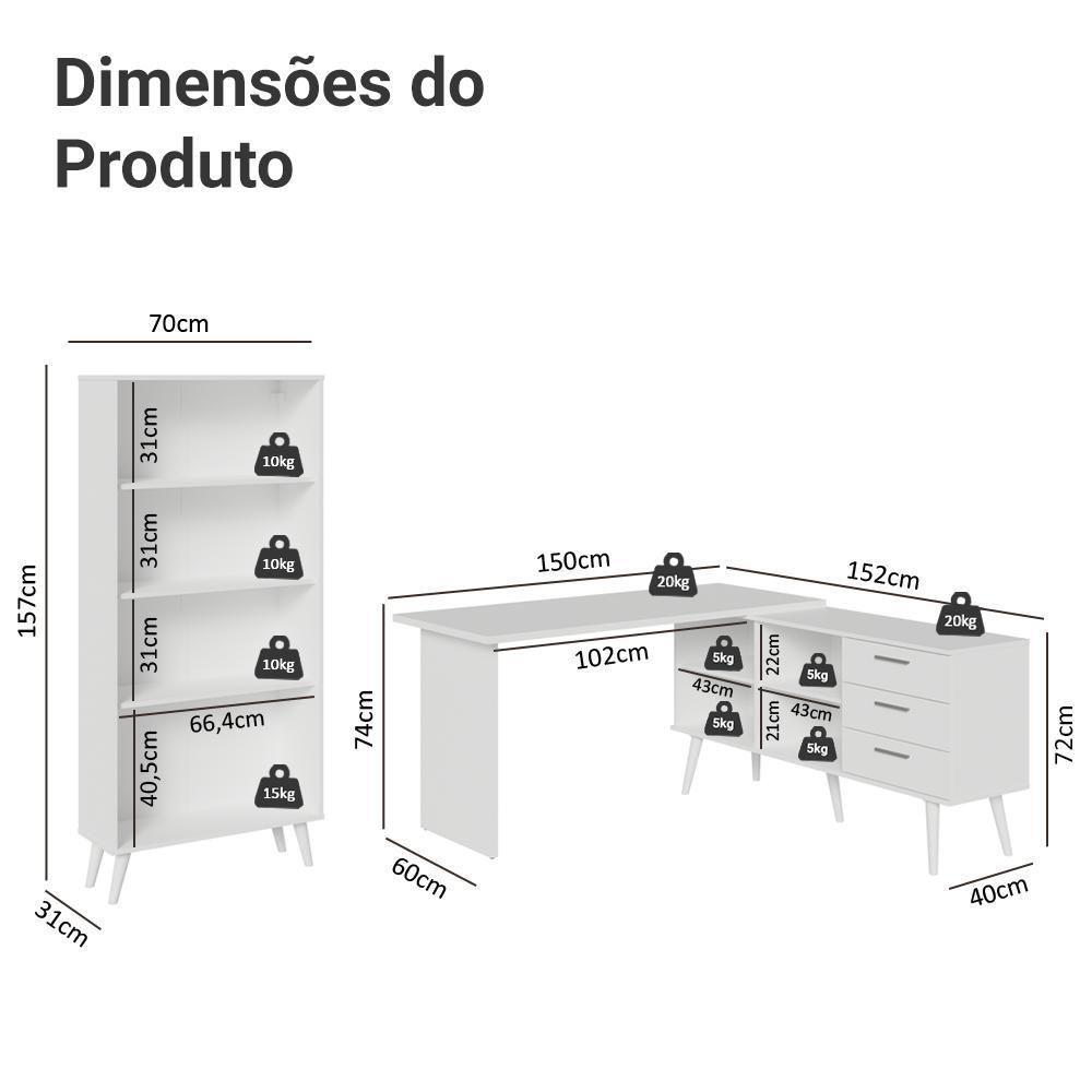 Kit 2 Peças Com Escrivaninha Em L 3 Gavetas E Armário Multiuso Com Vidro Madesa Branco - 3
