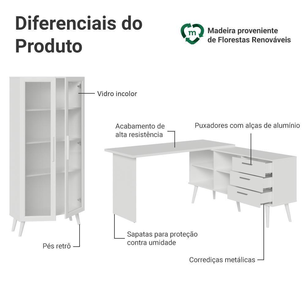 Kit 2 Peças Com Escrivaninha Em L 3 Gavetas E Armário Multiuso Com Vidro Madesa Branco - 4