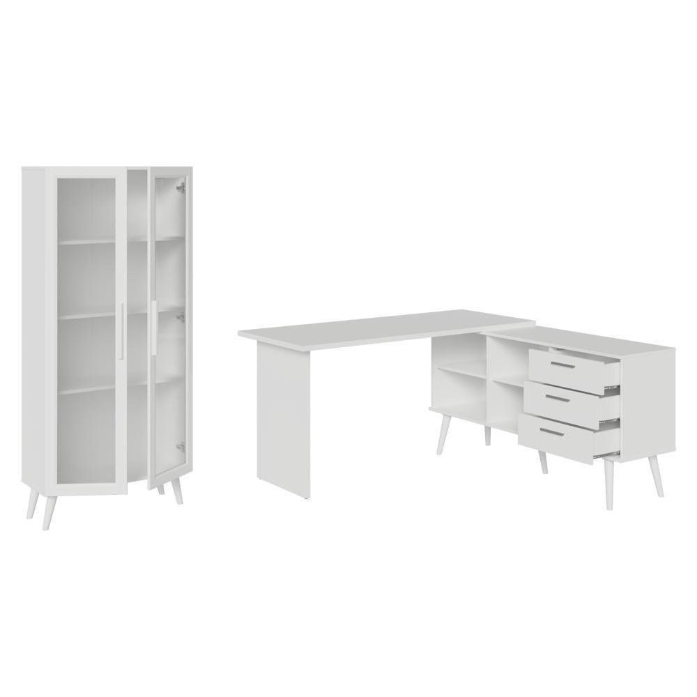 Kit 2 Peças Com Escrivaninha Em L 3 Gavetas E Armário Multiuso Com Vidro Madesa Branco - 6