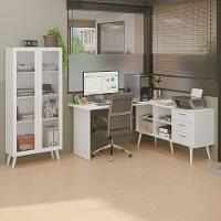 Kit 2 Peças Com Escrivaninha Em L 3 Gavetas E Armário Multiuso Com Vidro Madesa Branco - 1