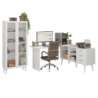 Kit 2 Peças Com Escrivaninha Em L 3 Gavetas E Armário Multiuso Com Vidro Madesa Branco - 2