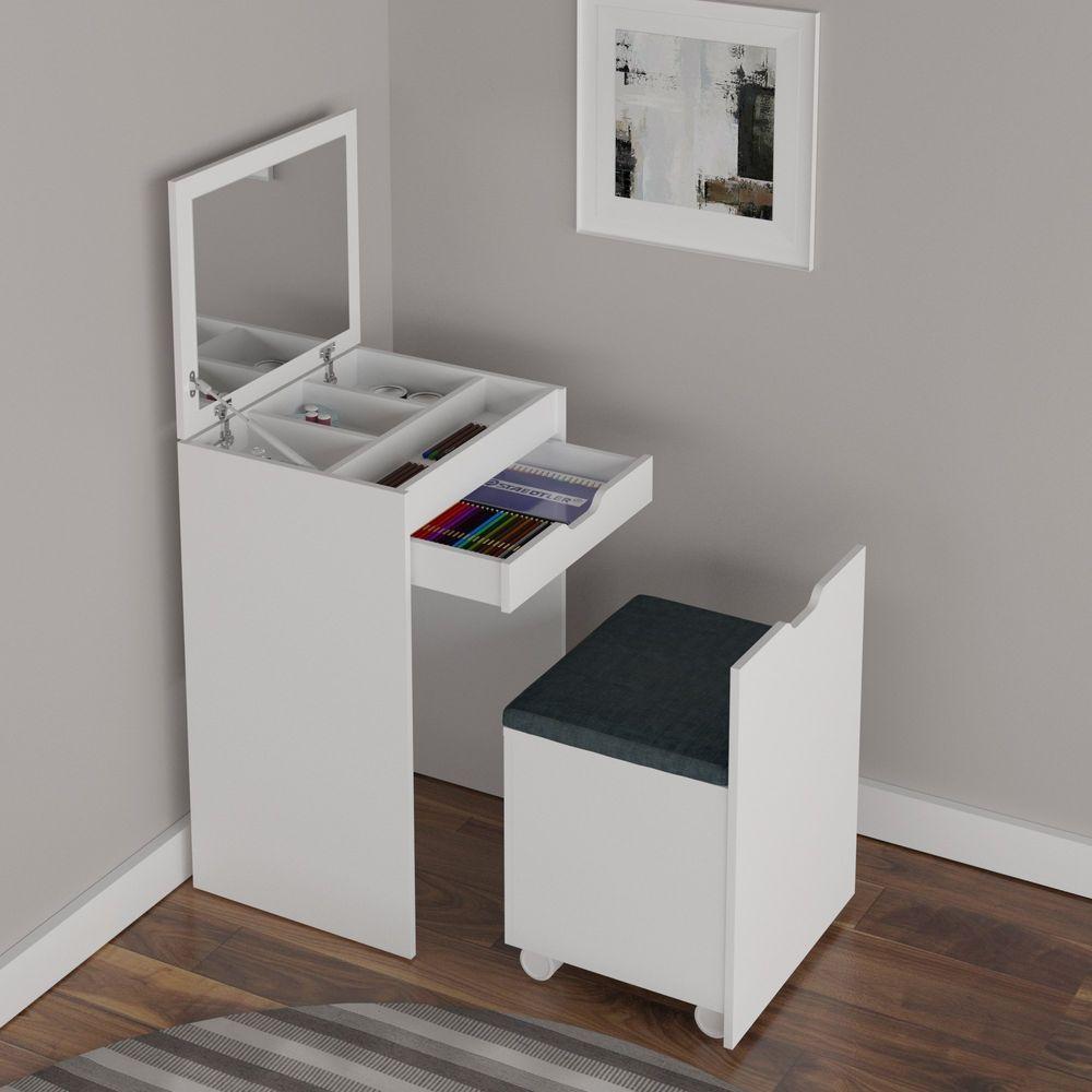 Penteadeira Compacta Com Espelho 1 Gaveta E Puff Branco - 2