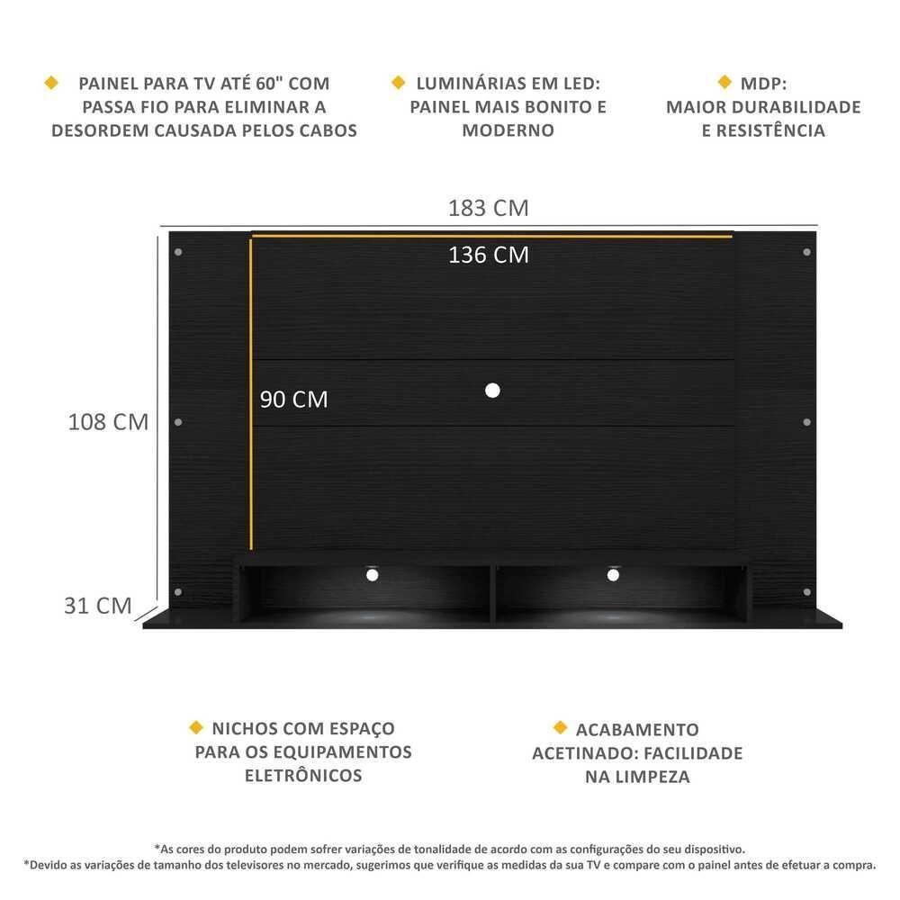 Painel Tv 60" Com 2 Leds Veneza Multimóveis V3397 Preto Preto - 6