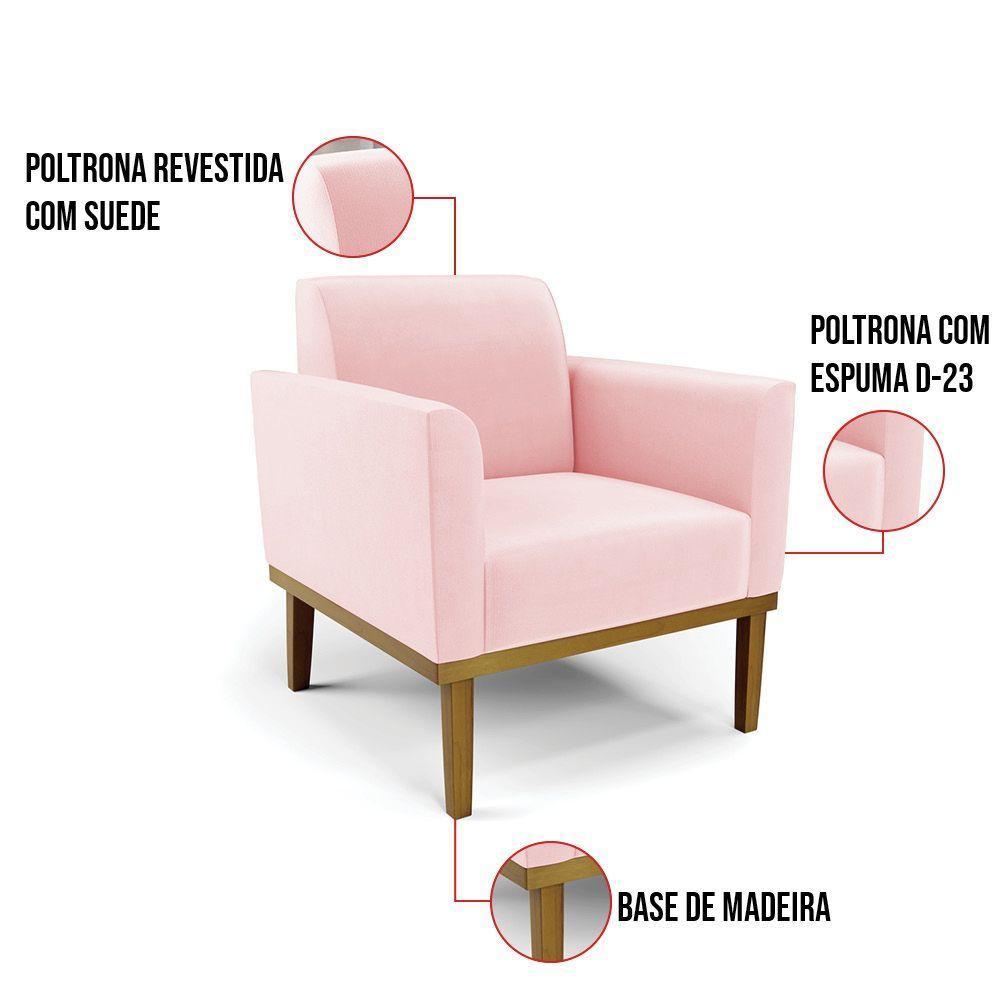 Sofá Namoradeira Com Poltrona Base De Madeira Fixa Castanho Marisa Suede D03 - D?rossi Cor Rosa Bebê - 8