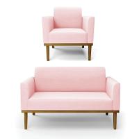 Sofá Namoradeira Com Poltrona Base De Madeira Fixa Castanho Marisa Suede D03 - D?rossi Cor Rosa Bebê - 1