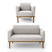 Sofá Namoradeira Com Poltrona Base De Madeira Fixa Castanho Marisa Veludo Cinza D03 - D?rossi - 1