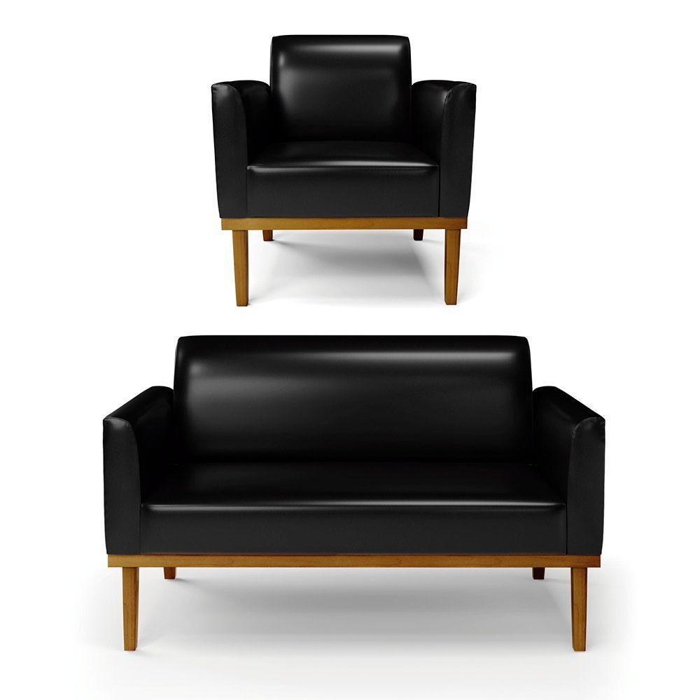 Sofá Namoradeira Com Poltrona Base De Madeira Fixa Castanho Marisa Corano Preto D03 - D?rossi - 1