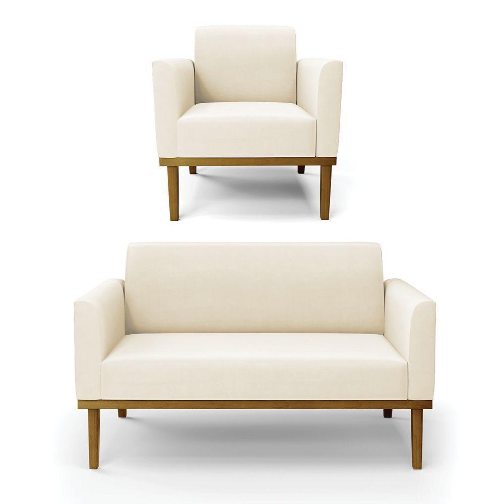 Sofá Namoradeira Com Poltrona Base De Madeira Fixa Castanho Marisa Veludo D03 - D?rossi Cor Bege - 1