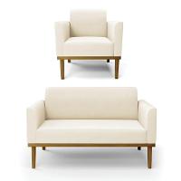 Sofá Namoradeira Com Poltrona Base De Madeira Fixa Castanho Marisa Veludo D03 - D?rossi Cor Bege - 1