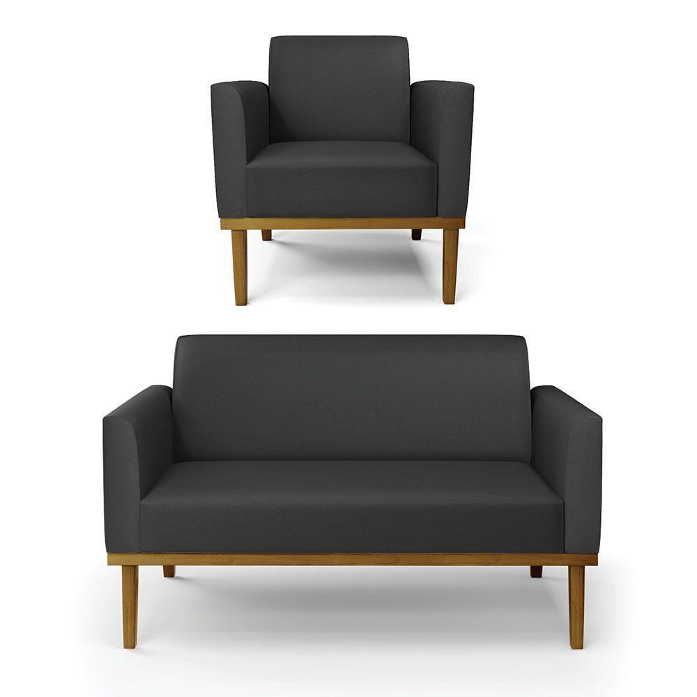 Sofá Namoradeira Com Poltrona Base De Madeira Fixa Castanho Marisa Corino Preto D03 - D?rossi - 1