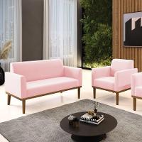 Sofá Namoradeira Com Poltrona Base De Madeira Fixa Castanho Marisa Suede Rosa Bebê D03 - D?rossi