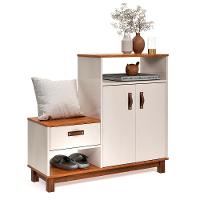 Sapateira Com Banco Organic 3 Portas Pés De Madeira Maciça Off White/Freijo - 1