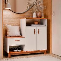 Sapateira Com Banco Organic 3 Portas Pés De Madeira Maciça Off White/Freijo - 2