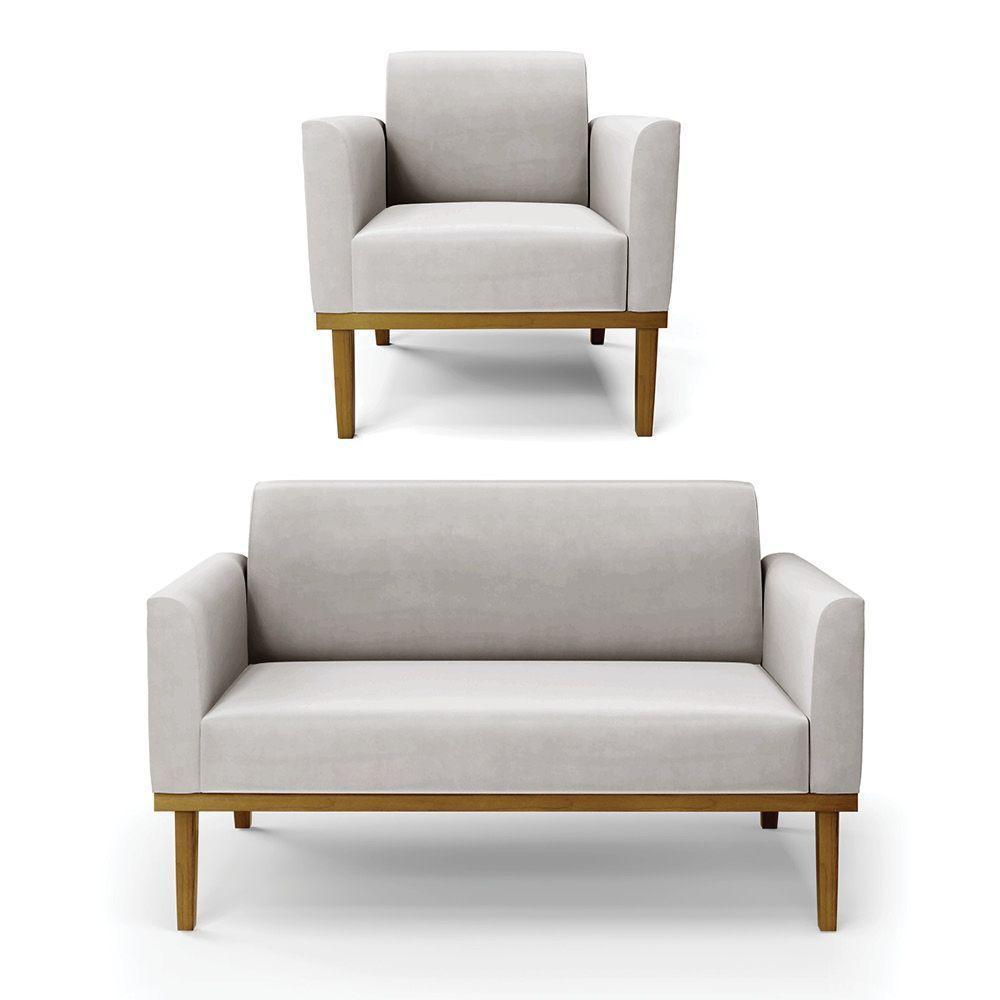 Sofá Namoradeira Com Poltrona Base De Madeira Fixa Castanho Marisa Veludo D03 - D?rossi Cor Cinza - 1