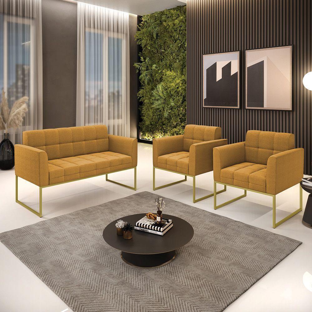 Namoradeira E 2 Poltronas Industrial Dourado Elisa Bouclê D03 - D?rossi Cor Mostarda - 7