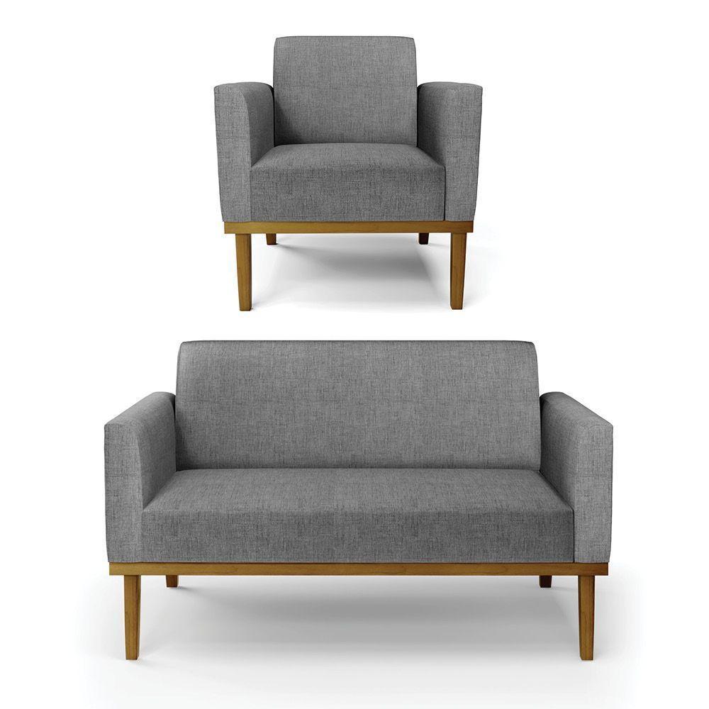 Sofá Namoradeira Com Poltrona Base De Madeira Fixa Castanho Marisa Linho D03 - D?rossi Cor A26 Grafite - 1