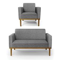 Sofá Namoradeira Com Poltrona Base De Madeira Fixa Castanho Marisa Linho D03 - D?rossi Cor A26 Grafite - 1