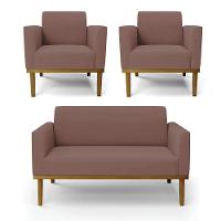 Sofá Namoradeira Com 2 Poltronas Base De Madeira Fixa Castanho Marisa Veludo D03 - D?rossi Cor Rose - 1