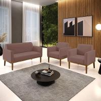 Sofá Namoradeira Com 2 Poltronas Base De Madeira Fixa Castanho Marisa Veludo D03 - D?rossi Cor Rose - 3