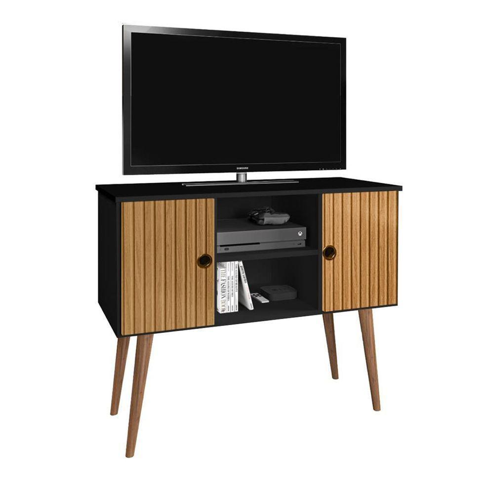 Estante Rack Viena Clássico 90cm Com Portas - Preto/ripado - 2