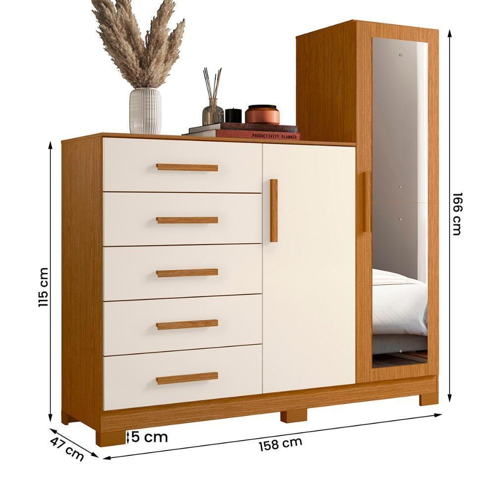 Comoda New Master Quarto Com 5 Gavetas 2 Portas E Espelho Cinamomo/Off White - 4