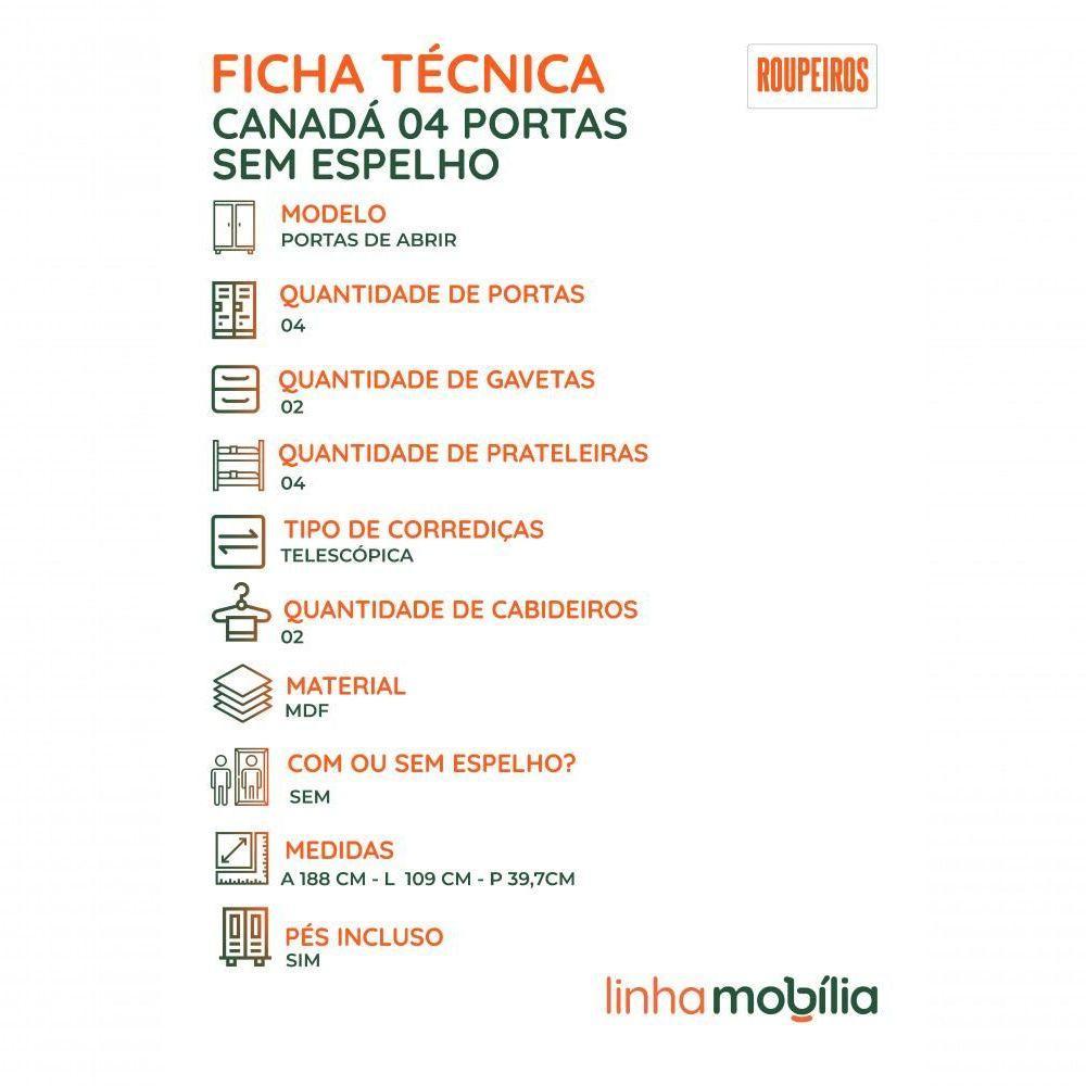 Guarda-roupa Infantil Canadá 4 Portas E 2 Gavetas 100% Mdf Linhamobília Branco - 7