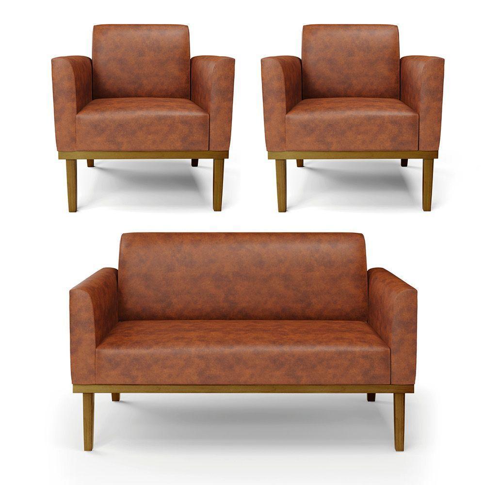 Sofá Namoradeira Com 2 Poltronas Base De Madeira Fixa Castanho Marisa Corano Nozes D03 - D?rossi - 1