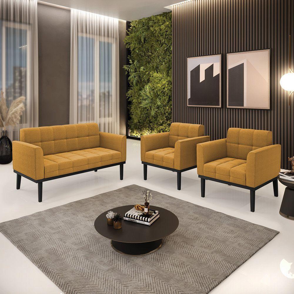 Namoradeira 2 Poltronas Base Madeira Fixa Pto Elisa Bouclê D03 - D?rossi Cor Mostarda - 5