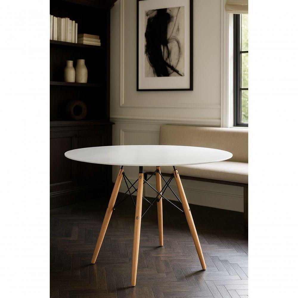 Mesa Moderna Redonda Em Mdf 90cm Pés Palito Modelo Eiffel Chales Eames Otimiza Espaço Cor Branco - 1