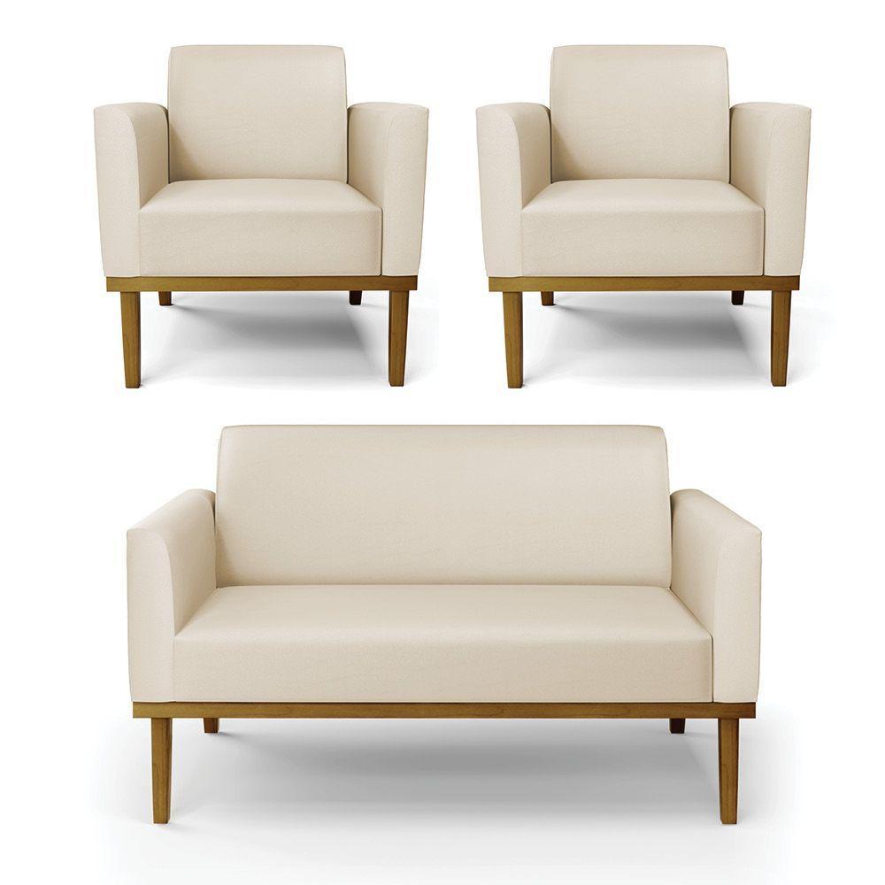 Sofá Namoradeira Com 2 Poltronas Base De Madeira Fixa Castanho Marisa Corino Bege D03 - D?rossi - 1